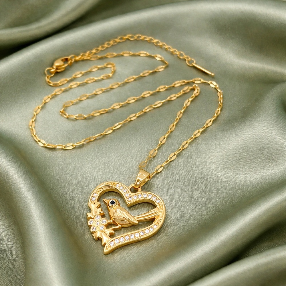 Romantic Gold Bird Heart Necklace | Elegant Statement Jewelry